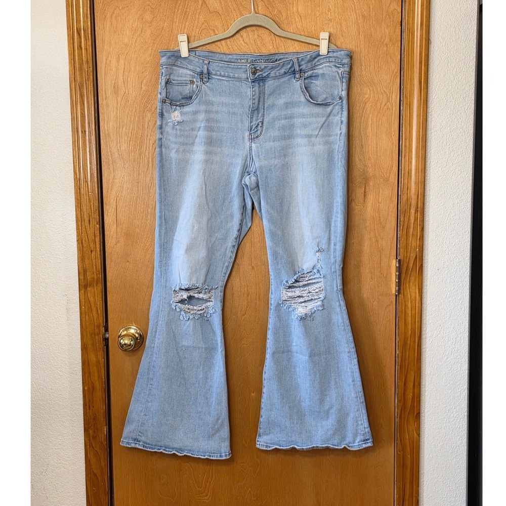 American Eagle Low Rise Flare Jeans Size 18 Light Wash Distressed Stretch Denim